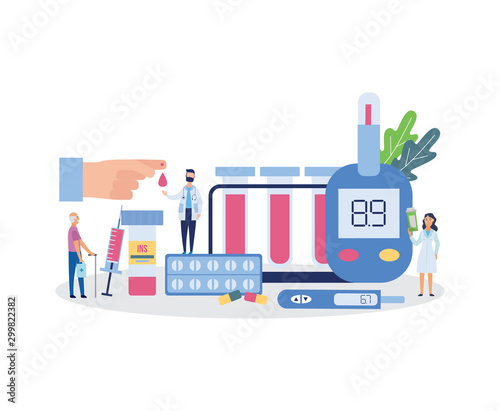 Diabetes banner with cartoon doctors and patient surrounded by medical equipment