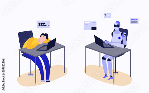 Human and robot working at laptop desk - tired man and efficient cyborg
