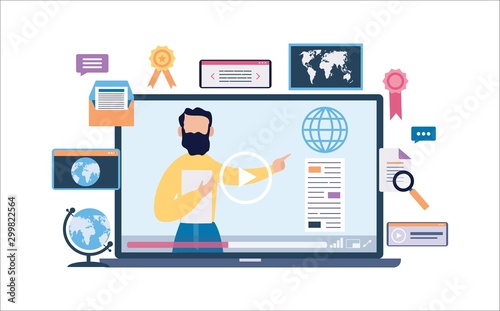 Online education banner - laptop with video course lesson interface