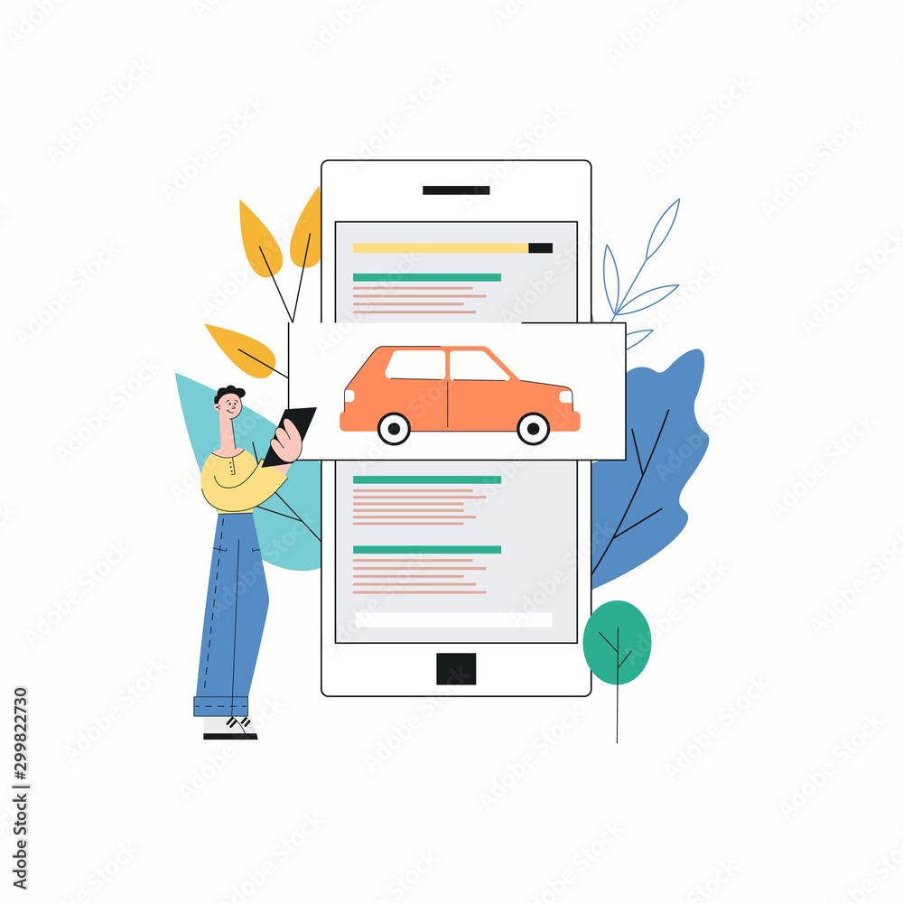 Cartoon man choosing a car on smartphone app - giant phone screen Cartoon man choosing a car on smartphone app - giant phone screen