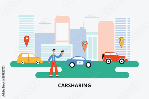 Carsharing banner - cartoon man choosing a ride on car sharing app