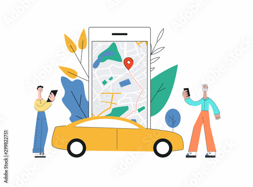 Carsharing smartphone app with map interface and yellow car.