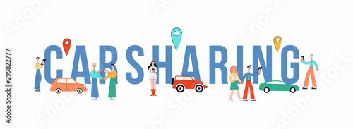 Carsharing banner - giant word with cartoon people renting a car