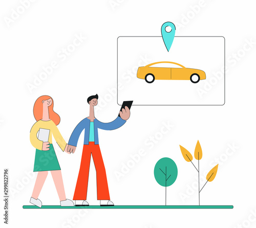 Cartoon people using carsharing app and walking to find car