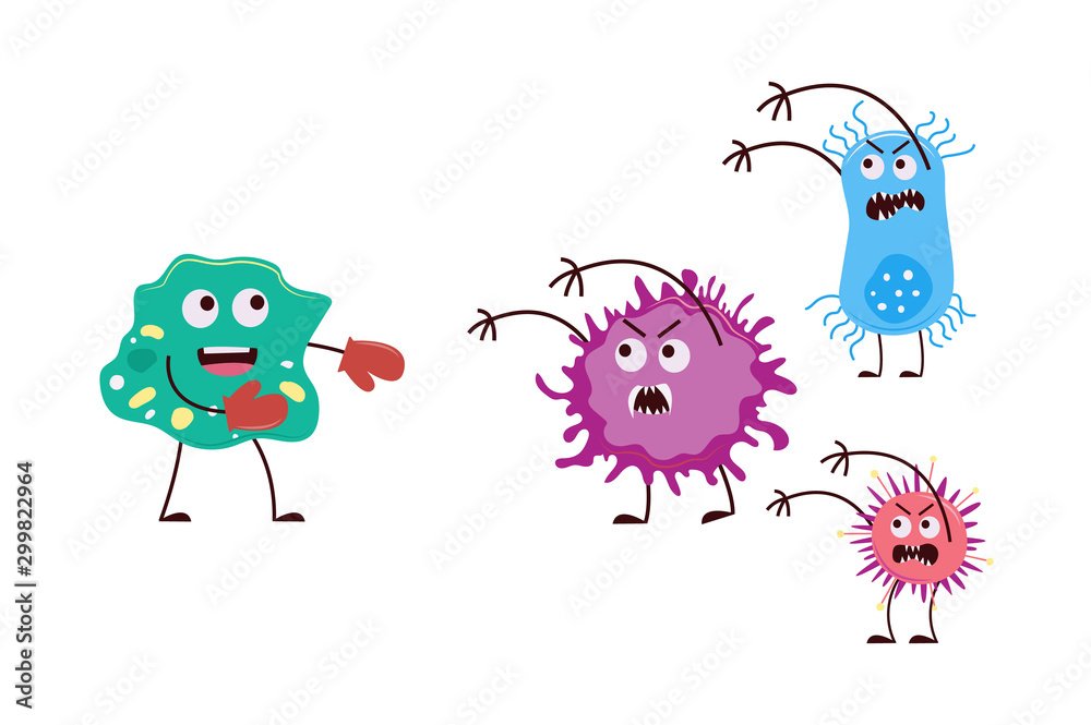 Good and bad bacteria fist fight - cartoon germ monsters Stock Vector