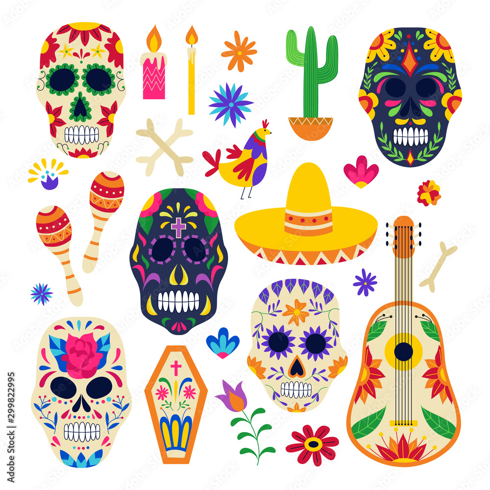 Day of the dead symbol set - painted sugar skull, sombrero, floral ornaments Day of the dead symbol set - painted sugar skull, sombrero, floral ornaments