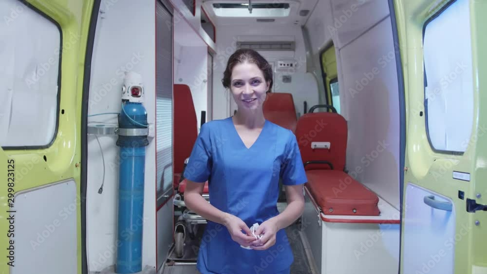 Woman put off respiratory mask, look and smile. Woman put off respiratory mask, look and smile.