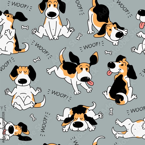 Seamless pattern with funny beagle active dog cartoon sketch vector illustration.