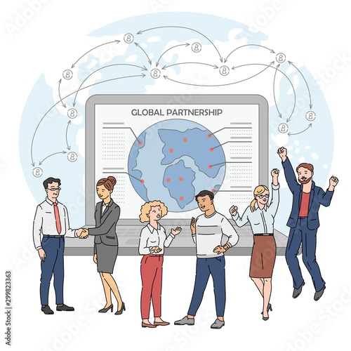 Global partnership - cartoon team of business people talking on globe background