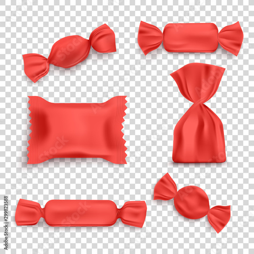 Set of red packs for sweets and candy realistic vector illustration isolated.