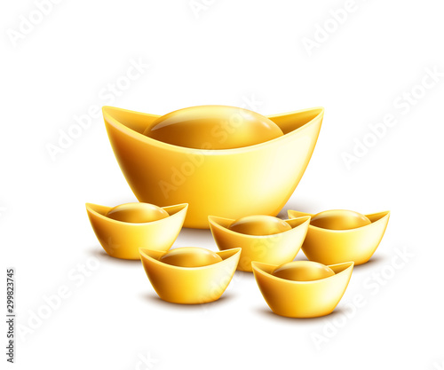 Chinese gold ingot symbols set of 3d realistic vector illustrations isolated.