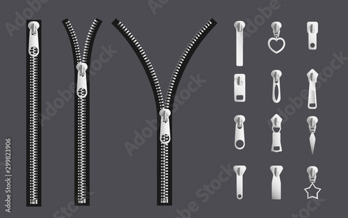 Opening and closed zipper and its parts - silver metal fabric fastener photo