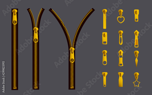 Golden metal open and closed zipper set with different shapes of slider