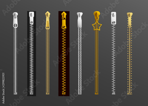 Different types of zipper - gold and silver zippers set in various shapes