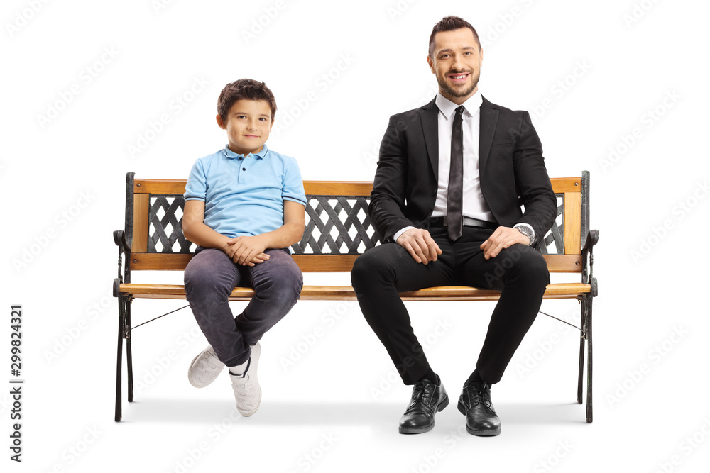 Businessman and a child sitting on a bench Businessman and a child sitting on a bench