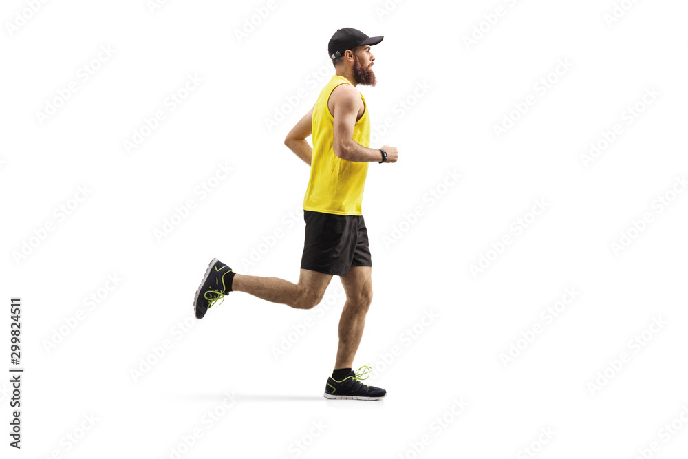 Bearded man with a cap running