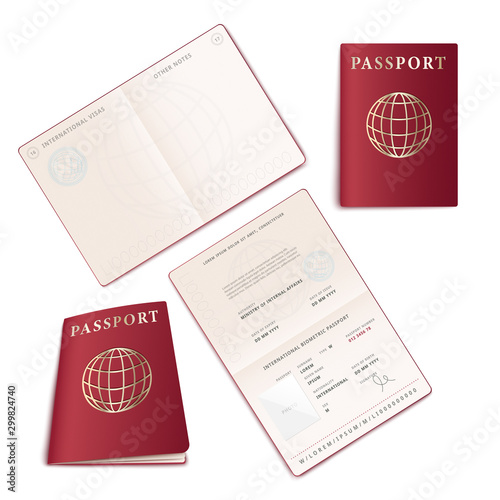 Realistic international passport mockup set - open and closed id document