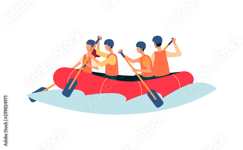 River rafting - cartoon people rowing in inflatable boat wearing safety vests