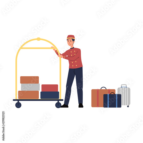 Porter man character with luggage trolley flat vector illustration isolated.