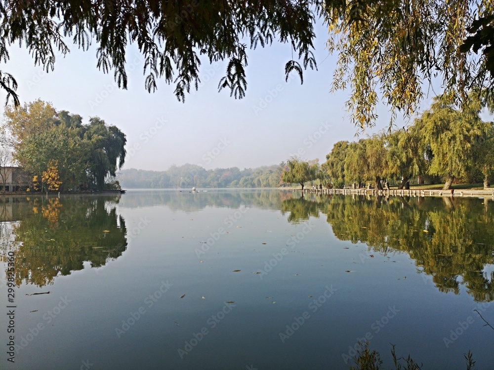 Fototapeta premium Tree reflection on the lake waters - autumn season