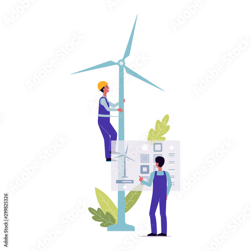 Windmill repair - cartoon maintenance worker man climbing the energy mill