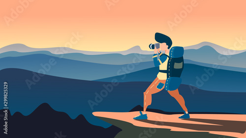 backpacker standing on top of mountain, hiking vector illustration