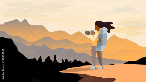 backpacker standing on top of mountain, hiking vector illustration