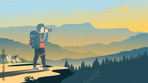 backpacker standing on top of mountain, hiking vector illustration