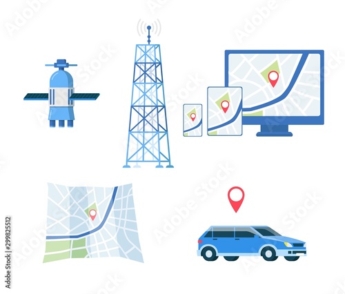 GPS set or road navigators satellite system flat vector illustration isolated.