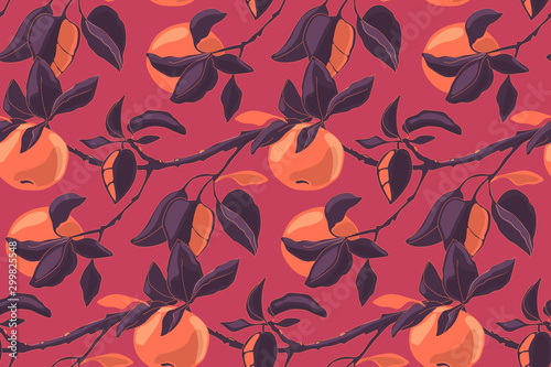 Art floral vector seamless pattern with apples. Apple branches with leaves and ripe orange fruits isolated on Burgundy background. For home textiles, fabric, wallpaper, kitchen decor, packaging paper.