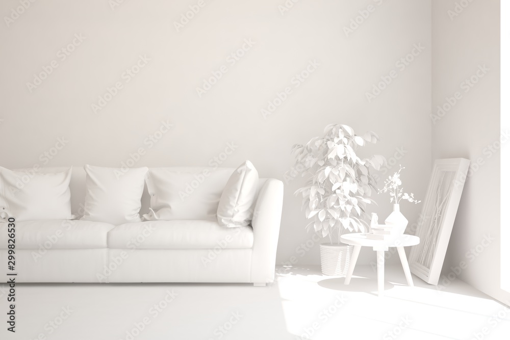 Mock up of stylish room in white color with sofa. Scandinavian interior design. 3D illustration Mock up of stylish room in white color with sofa. Scandinavian interior design. 3D illustration