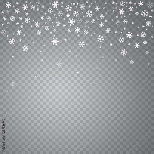 Snow flakes falling isolated on transparent background. Vector christmas snowfall overlay texture, white snowflakes flying in winter air.