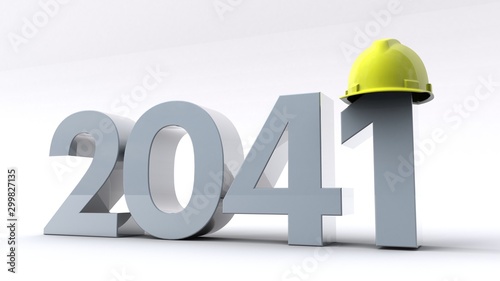 3D illustration of number 2041 wearing a hard helmet