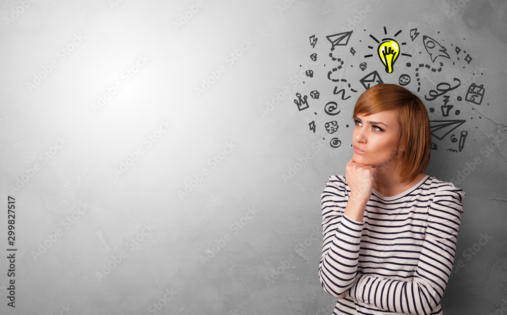 Business person looking for new idea with grey copy space Business person looking for new idea with grey copy space
