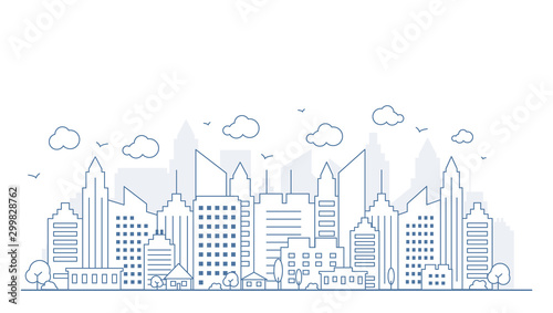 Thin line style city panorama. Illustration of urban landscape street with cars, skyline city office buildings, on light background. Outline cityscape. Vector illustration