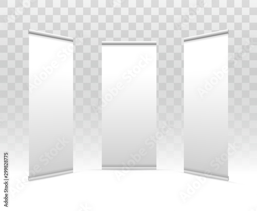 Creative vector illustration of empty roll up banners with paper canvas texture isolated on transparent background. Art design blank template mockup. Vector