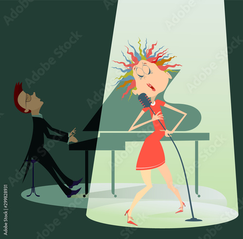 Singer woman and a pianist in the concert illustration. Singer woman sings in the spotlight with a pianist on the back side