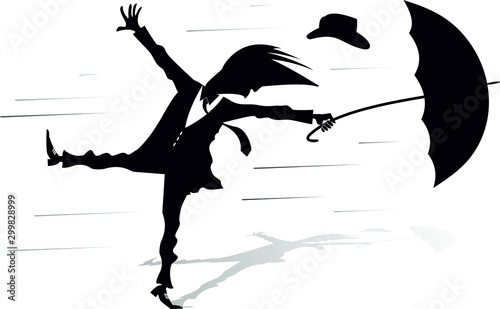 Windy day and man with umbrella illustration. Young man with an umbrella loses his hat gone with the strong wind silhouette black on white 