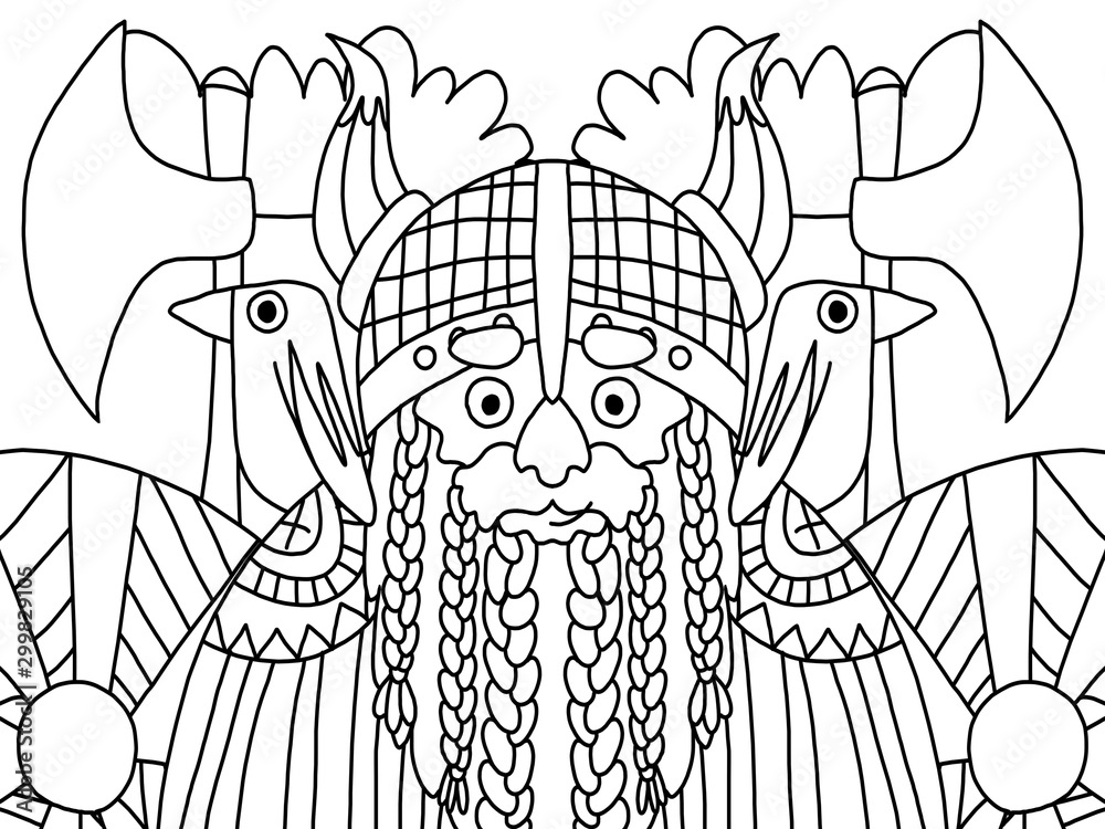 Viking warrior man coloring book page for adults and kids. Simple black and white outline ...