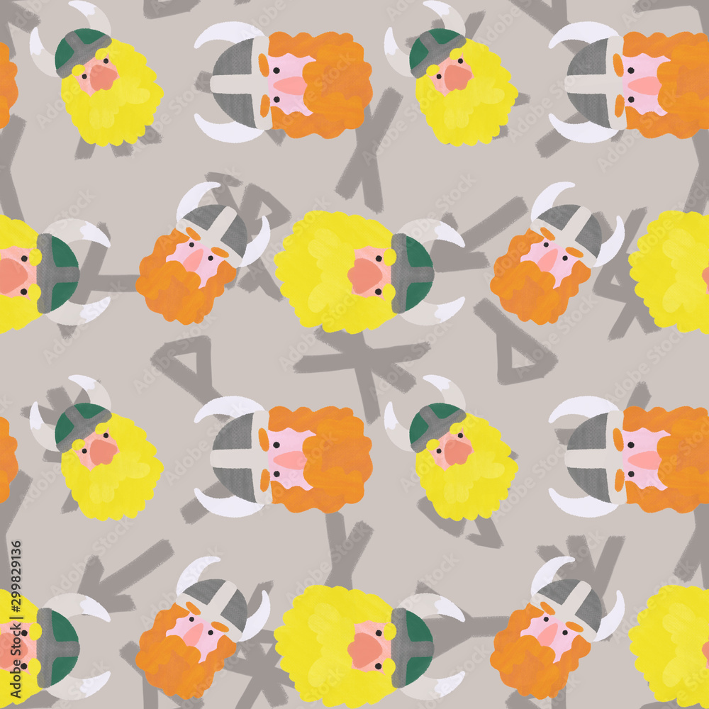 Naklejka premium Colorful funny viking seamless pattern. Sea kings heads with long curve orange and blonde hair, beard and mustaches with horned helmets on dark green background with runes. One of a series.