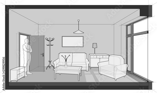 room furnished with sofa and chair and table and cabinets and ceiling lamp and cloths hanger and painting on the wall with door and tall french window and standing man in the opened door