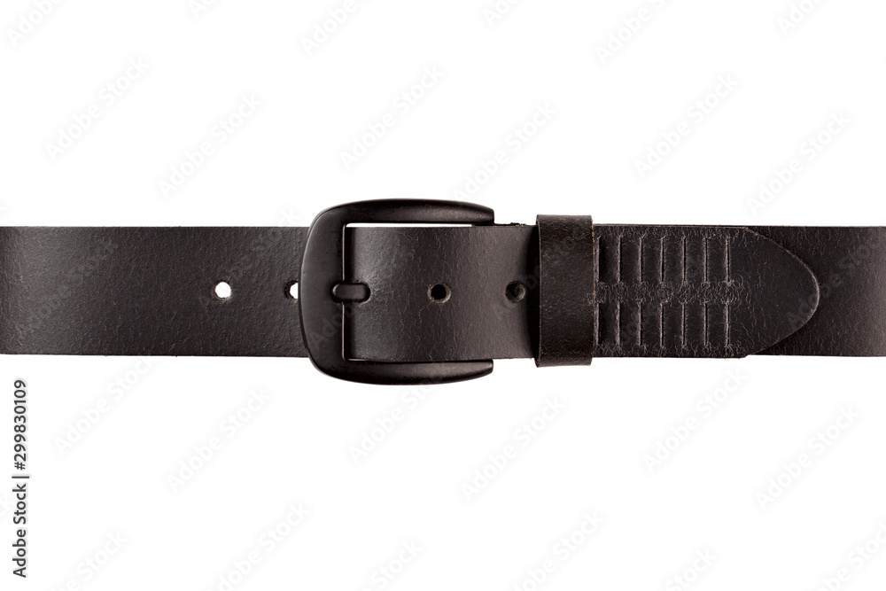 leather men's trouser belt fastened in lock isolated on white background leather men's trouser belt fastened in lock isolated on white background