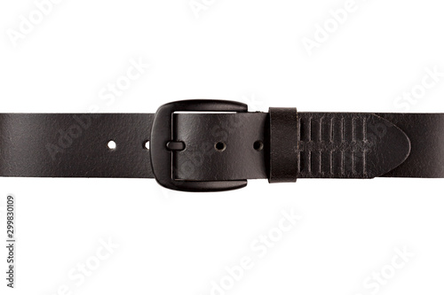 leather men's trouser belt fastened in lock isolated on white background