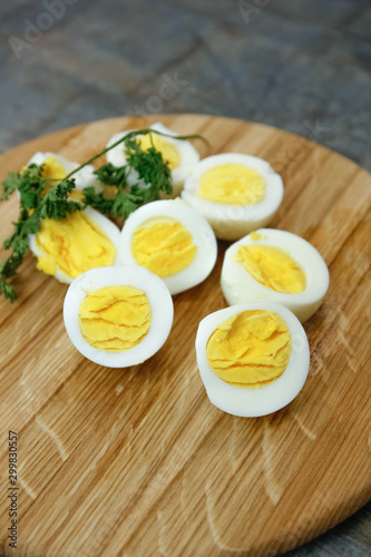 boiled eggs on a wooden background.