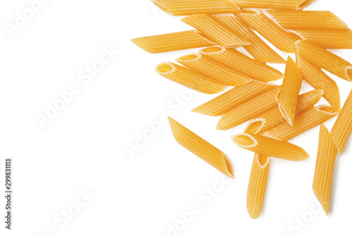 pasta from durum wheat curls fusilli, cavatappi, unprepared, raw pasta cellentani handmade isolated on white background close up macro
