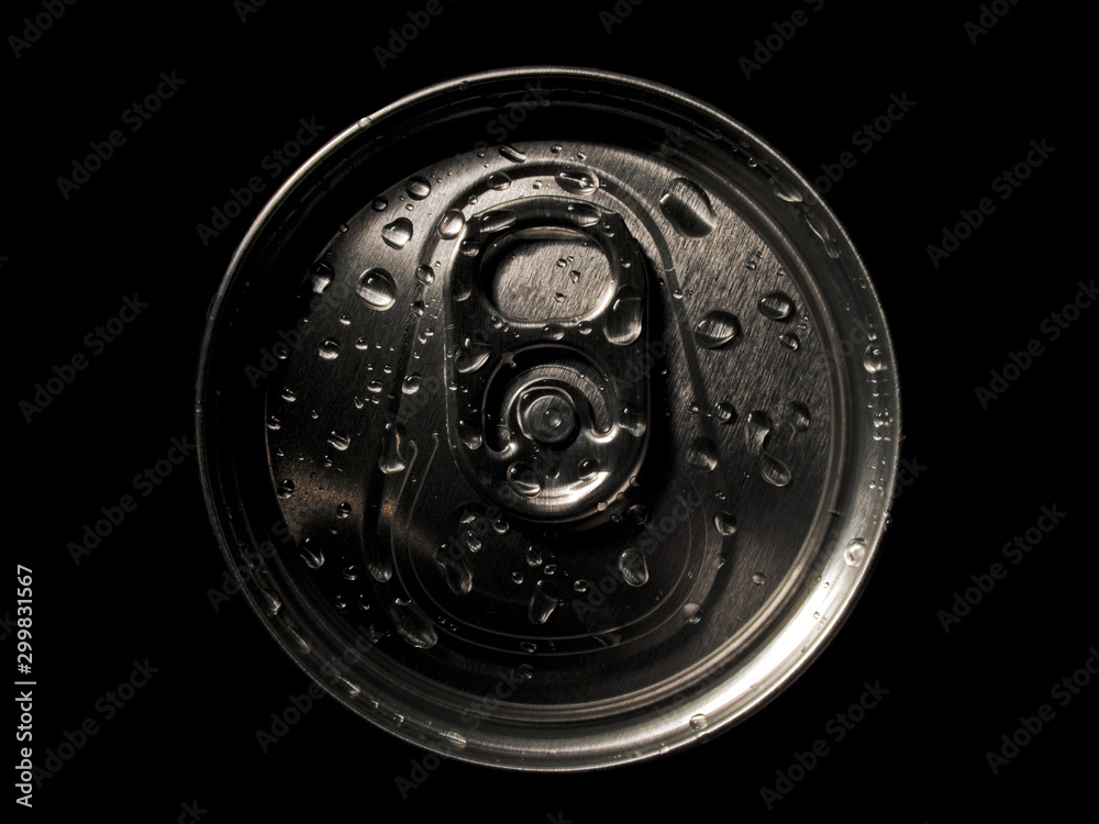 aluminum soda and beer beverage can with water droplets isolated on dark background, metal can, recyclable product aluminum soda and beer beverage can with water droplets isolated on dark background, metal can, recyclable product