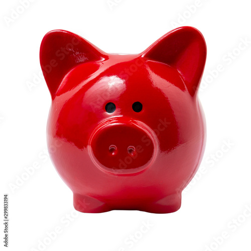 Front view red piggy bank, isolated on a white background.