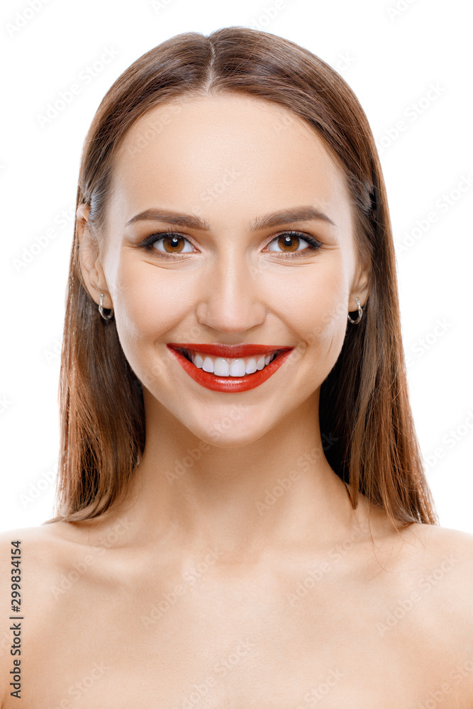 Closeup portrait of beautiful smiling girl with fresh healthy skin, natural makeup and red lips Closeup portrait of beautiful smiling girl with fresh healthy skin, natural makeup and red lips