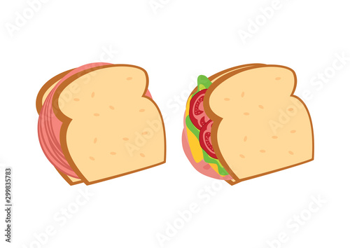Different Types of Sandwiches icon set vector. Salami bologna sandwich icon. Sandwich with ham, cheese and vegetables vector. Different sandwiches icons isolated on white background. Healthy snack 