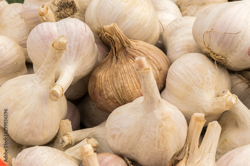 The heads of garlic lie on the window of a market, store, supermarket